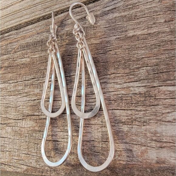 Sterling Two Tier Hammered Dangle Drop Hoop Earrings - Picture 3 of 6